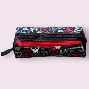 Fashion Stationary Black, Red and Gray Skull & Crossbones Double Zip Pencil Case